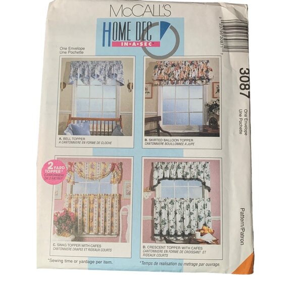 McCall's Home Dec Window Valance & Cafe Curtains Sewing Pattern 3087 uncut - Picture 1 of 2